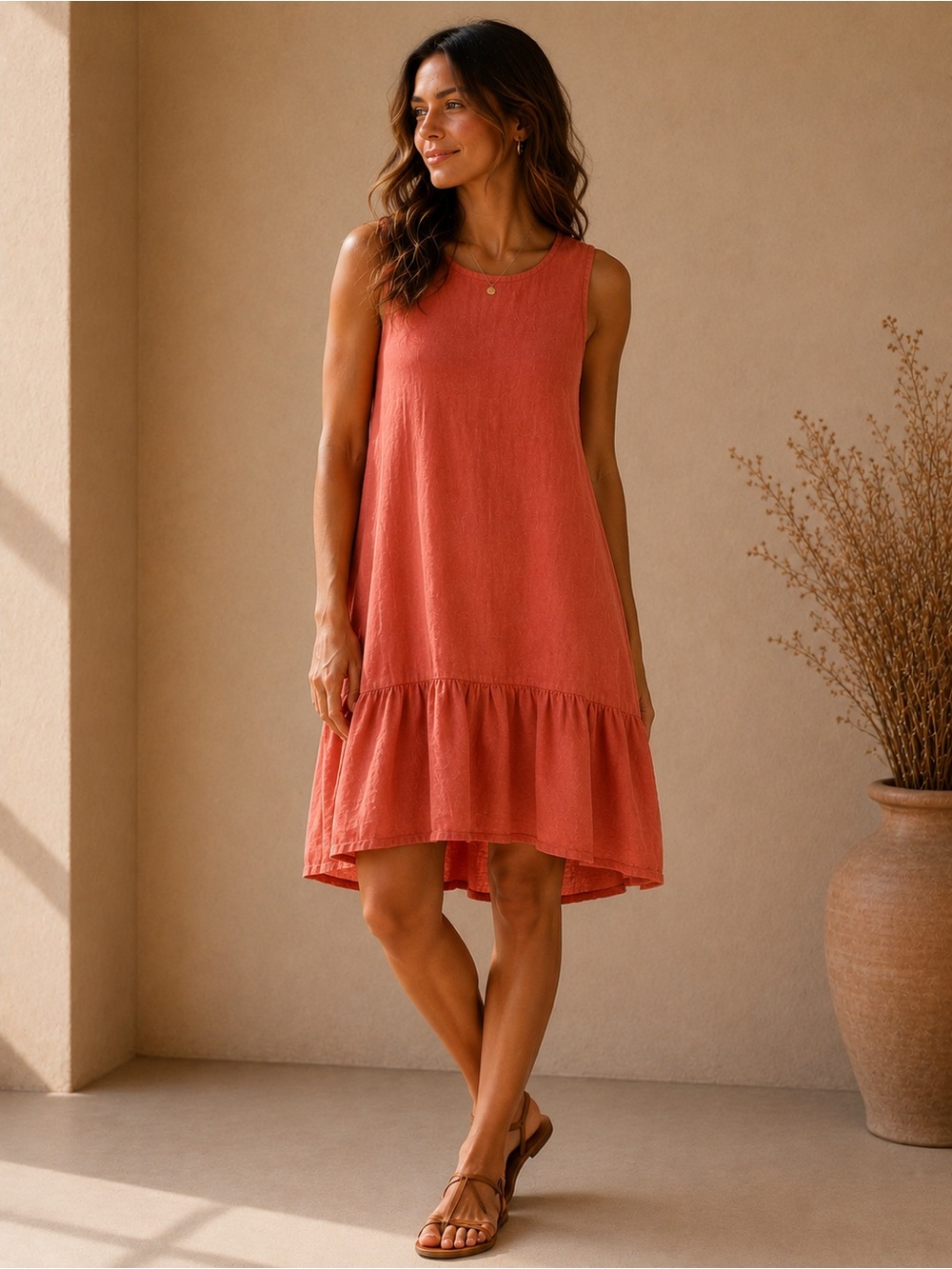 100% Linen Sleeveless Rust Midi Dress - Bohemian Earthy Summer Dress